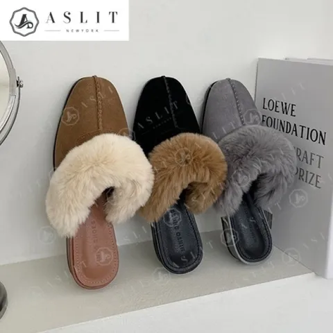 [애슬릿] 천연 소 가죽 여성 털 장식 실내화 뮬 블로퍼