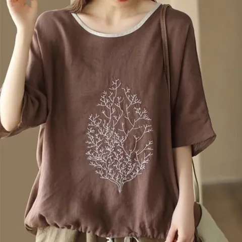 [애슬릿] 면 린넨 나무 여성 5부 루즈핏 여성 티셔츠