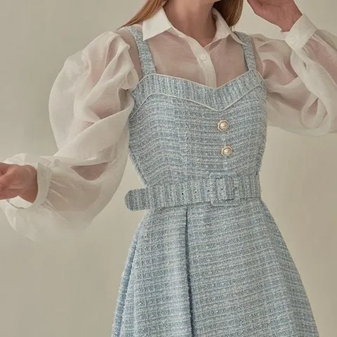 나시 벨티드 여자 민소매 트위드 플레어 롱 원피스