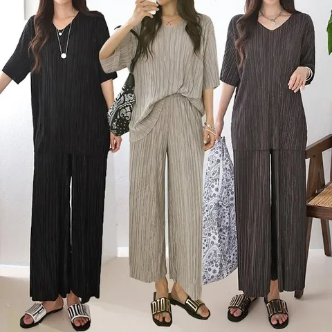 여성 여름 냉감 핸드주름 반팔 롱 티셔츠 바지 플리츠 세트 PST0061S 빅사이즈 루즈핏