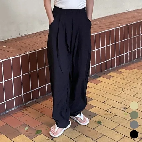 밴딩 핀턱 와이드 배기 바지 여성 배기팬츠 조거 베기