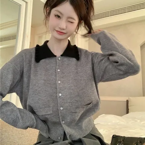 프릴 카라 시보리 가디건 여성 니트