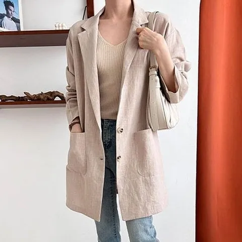 카라 주머니 린넨 하프 긴팔 마 자켓 코디 재킷 룩