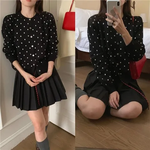 여성 베이직 라운드넥 도트 가디건