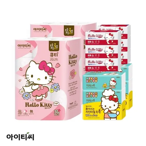 아이티씨 헬로키티 큐티세트 3겹 화장지 60롤 + 팝업티슈 레드 6개 +키친타월 톡톡 6개