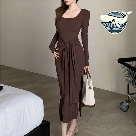 슬림핏 롱원피스 허리꼬임 디자인 오프숄더 (WFH6P0V)