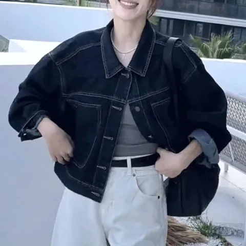 루즈핏청자켓 여성 스티치 세미 크롭 데님 자켓 진청 1P 간절기 캐주얼 청자켓 패션