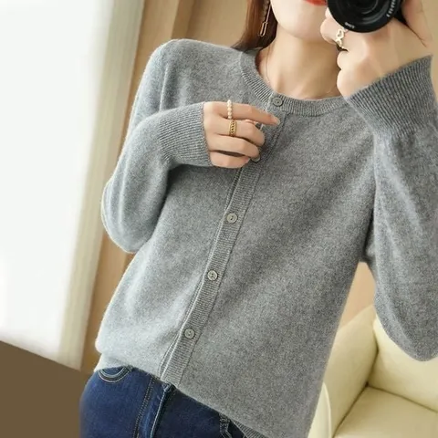 우먼 봄철 사계절 웜소재 일상용 라운드칼라아우터니트 프리미엄 그레이 (WFJUBDO)