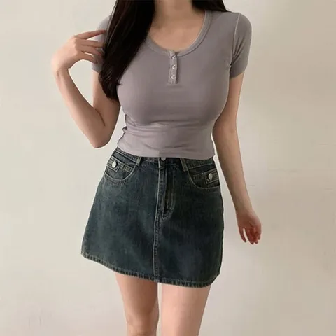 베이직 스판 슬림 단추 크롭 반팔티셔츠