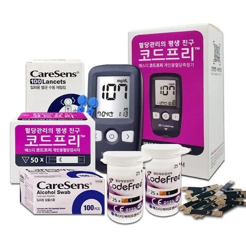 SD코드프리 혈당계+시험지200매+침200매+솜200매 측정지 체크지 검사지 D