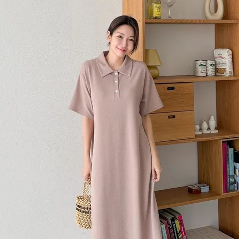 베이직 여성 카라넥 단추 반오픈 등원룩 A라인 데일리 반팔 원피스 ARA-WDR-3194