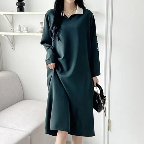 [애슬릿] 카라 스티치 긴팔 오버핏 중년 원피스