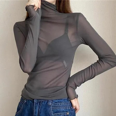 여성 레이어드 이너 시스루 긴팔티 블라우스 폴라티