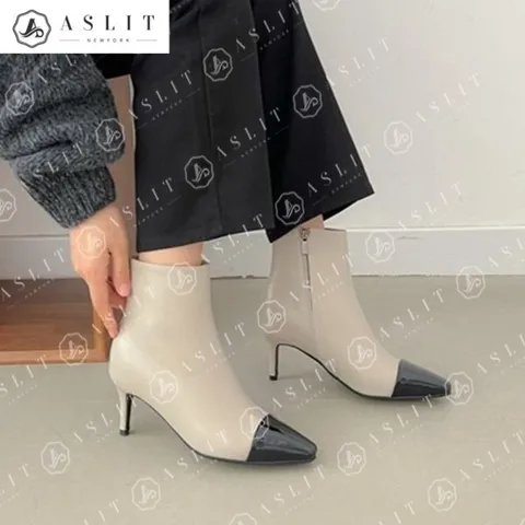 [애슬릿] 여성 스틸레토 투톤 가죽 미들 힐 앵클 부츠