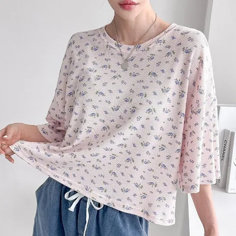 까르죠아 잔꽃 면 티셔츠 플라워 크롭 반팔 칠부 소매