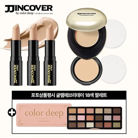 [25년 최신상 ]컬러딥 찐커버 스틱 3개+찐커버 팩트 본품 1개 + 리필1개 (포토 상품평시 글램 셰도우 팔레트 18색)