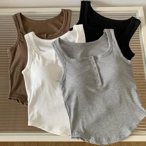 여자 베이직 부드러운 캐주얼룩 4버튼 민소매나시 (WFHUOQW)