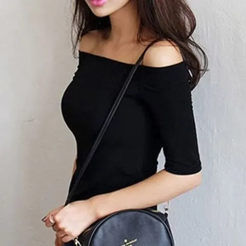 7부소매 입술넥티 티탑 유니크 슬림 하프슬리브오픈숄더 프릴 (WFJMQHP)