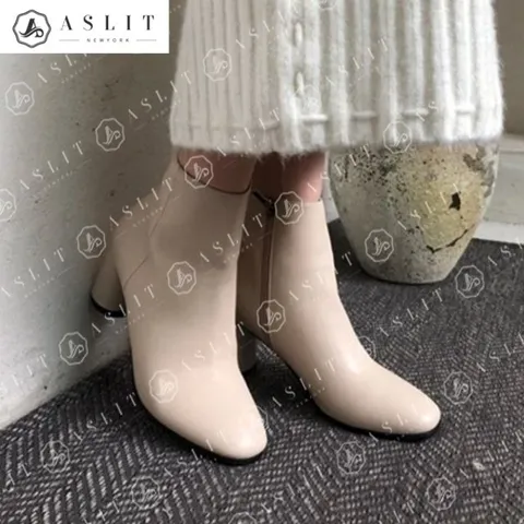 [애슬릿] 둥근 미들 힐 굽 캐주얼 가죽 앵클 부츠