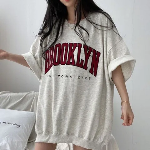 맨투맨스타일 여성 반팔티셔츠 오버핏 브루클린 (WFHN6JI)