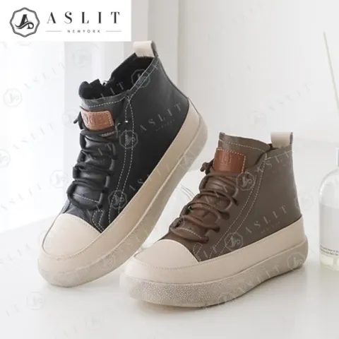 [애슬릿] 여성 소 가죽 스트링 하이탑 통굽 스니커즈
