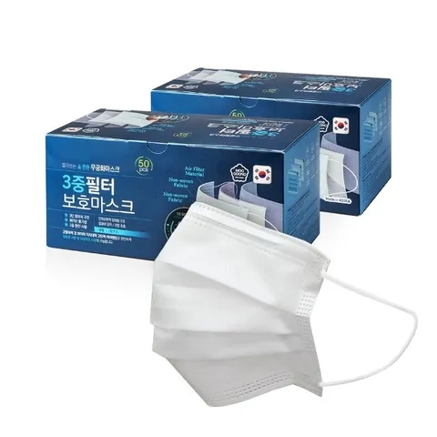 국산 일회용마스크 100매입 (50매입 2박스) / 3중필터 덴탈마스크