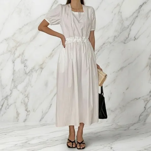 [W shopping] |KMO5C6F|여성 하객용 스퀘어넥 퍼프소매 셔링 롱드레스