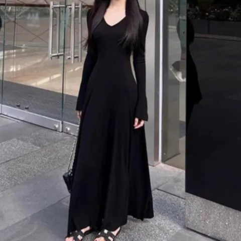 [W shopping] |CCO5833|여성용 기본색 슬림핏 A라인 골지 롱드레스