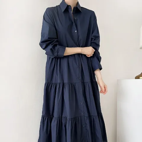 [W shopping] |CSO57FF|여성용 가을 박시 셔츠 포켓 셔링 롱드레스