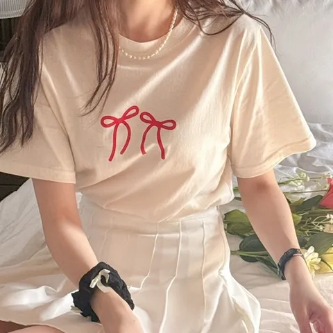 [W shopping] 여성 리본 면 라운드 반팔 티셔츠 기본티 -WTS0473- 여름