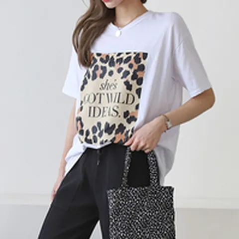 [애슬릿] 국내 생산 면 100% 호피 프린트 기본 여성 반팔 티 셔츠