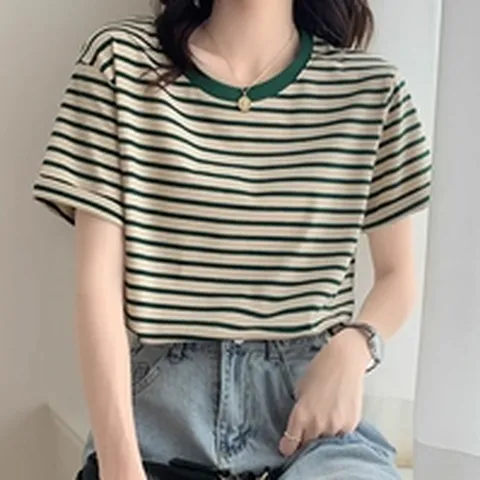 단가라 핏감좋은 여성 심플 캐주얼 반팔