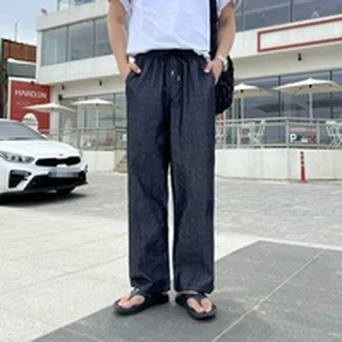 남자와이드청바지 여름 청바지 밴딩 아이스 린넨 데님
