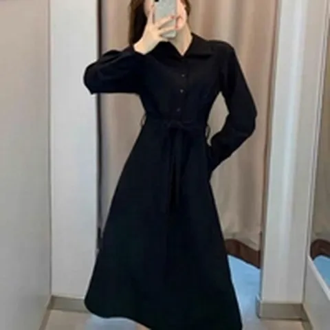 롱 캐주얼 원피스 베이직 허리끈 블랙 가을 겨울 카라 (HJJ-WFFXFIL)