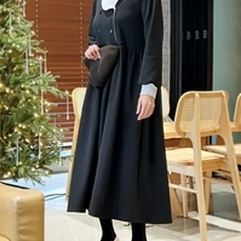 여자 겨울 배색 라운드 플랫카라 더블버튼 롱원피스