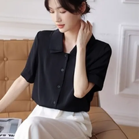 여성 직장인 출근룩 데일리 더블 카라 반팔 블라우스 (WFD1C85)