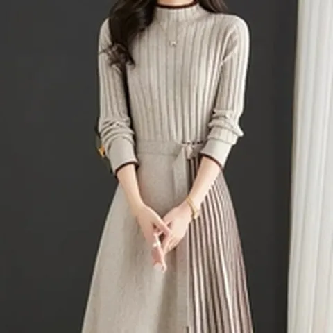 여성 겨울 플리츠 포인트 울 니트 원피스
