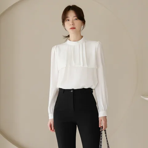 (~XXL까지) 이브쉐 하이넥 플리츠 블라우스 봄 가을 오피스룩 하객룩 모임룩 미시룩 빅사이즈