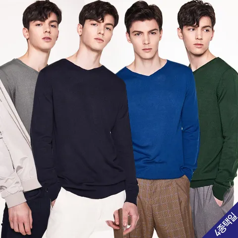 브라이트 코튼 블렌디드 브이넥 남성 니트