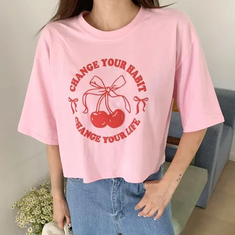 [하프클럽/신상오픈런]여성 캐주얼 체리 3D 발포 세미 크롭 반팔 티셔츠