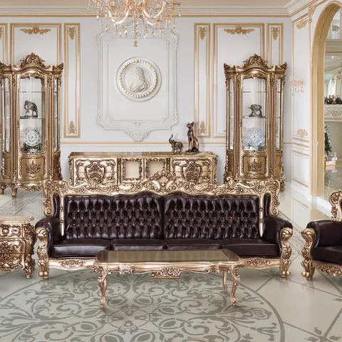 아시안데코 로얄금장 엔틱 소가죽 소파 4인용 (유리장식장, 협탁, 암체어, 소파테이블, 거실장 별도구매)