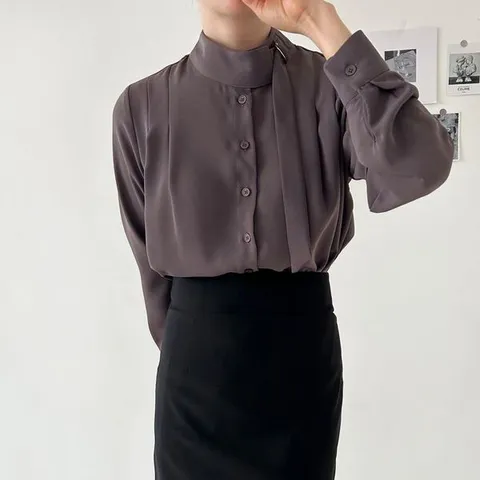 [하프클럽/여자 롱타이 만다린 하이넥 겨울하객룩 핀턱 블라우스