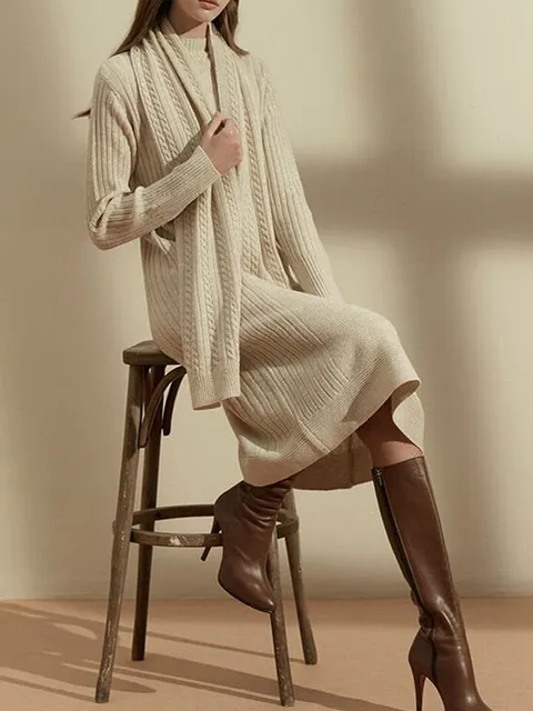 2SET [홈쇼핑방송/(LeOT)] 울 블렌딩 플레어 니트 원피스+빅숄 SET-사이즈 5588까지