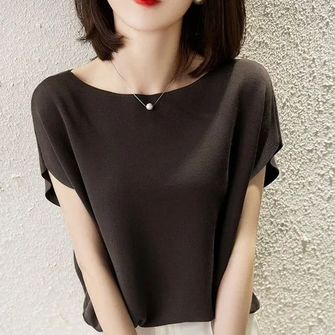 [하프클럽/여성 여름 라운드넥 무지 고급 니트 반팔 티셔츠