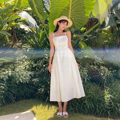 [하프클럽] 브루넬 비치 원피스 OP20136F 여름 끈나시 오프숄더 화이트 롱 플레어 휴양지 바캉스 데일리