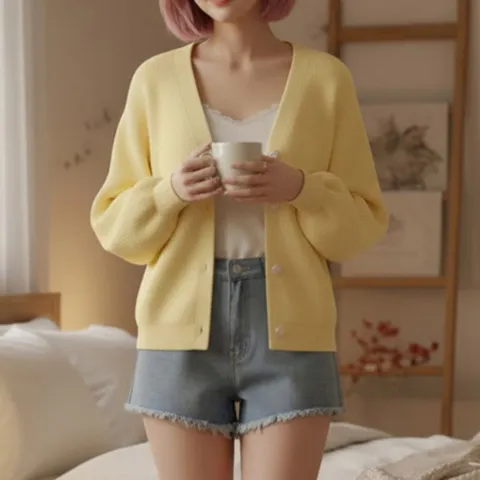 가디건 카디건 CD 여성 사랑 스러운 퍼프소매 골지포인트 단추