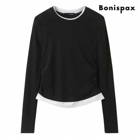 정상가:59,000원 ㅣ 라운드 배색 셔링 긴팔 티셔츠 (XP3LW002L0)