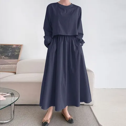 [하프클럽] 루즈핏 이중 밴딩 롱 원피스 A라인 봄 가을 하객룩 오피스룩