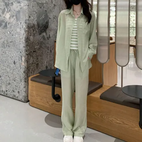 [브리치]  / 캐주얼 시스루 선케어 여름 셔츠 와이드팬츠 세트