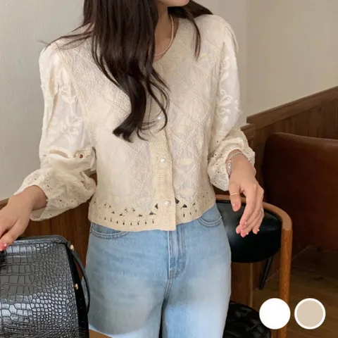 여성 예쁜 스위트 자수 느낌 레이스 데일리 패션 블라우스 펀칭블라우스 아일렛블라우스